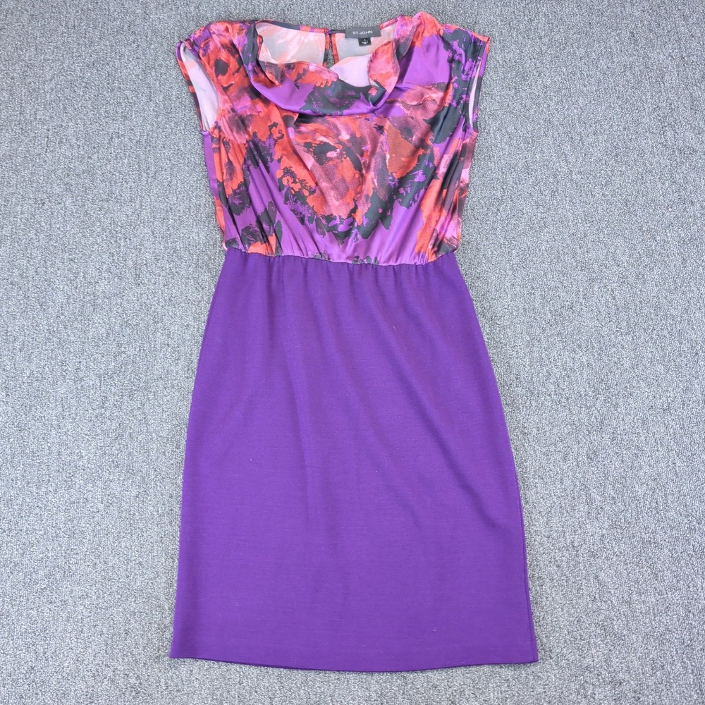 St John Luxury Silk Wool Floral Cowl Neck Sheath Dress Womens 6 Purple USA PF13 — photo 2